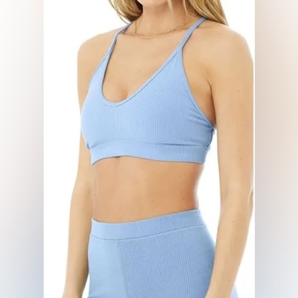 ALO Blissful Rib Knit Sports Bra in Ocean Teal - Picture 2 of 7